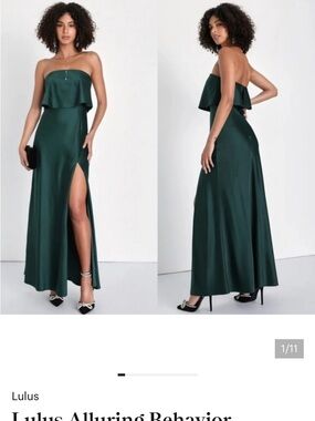 lulus Emerald Strapless Satin  Gown with Slit